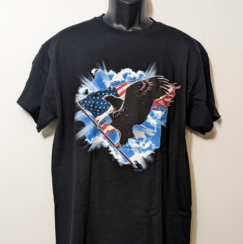 Men's Eagle And Flag Liquid Blue Design Black T-Shirt Size Large